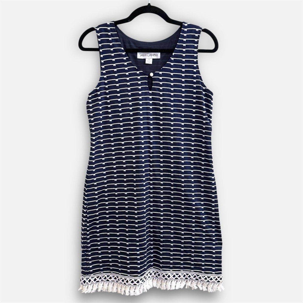 Sara Campbell Navy Stripe Shift Dress Tassel Fringe Hem Fully Lined Stretch M - Picture 12 of 13